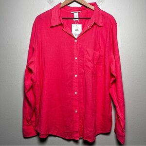 NEW H&M Women Linen Top XL Hot Pink Summer Coastal Lagenlook Button‎ Up Resort